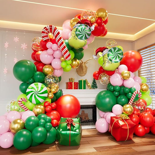 Christmas Balloon Garland Arch Kit with Xmas Pink Red Green Gold Confetti Balloons Candy Cane Gift Box Foil Balloons for Christmas New Year Birthday Party Decorations