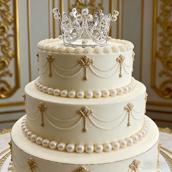 4 Pcs Crown Cake Topper Small Crystal Pearl Tiara Cupcake Toppers for Flower Arrangements Cupcake Queen Birthday Party Wedding Decor