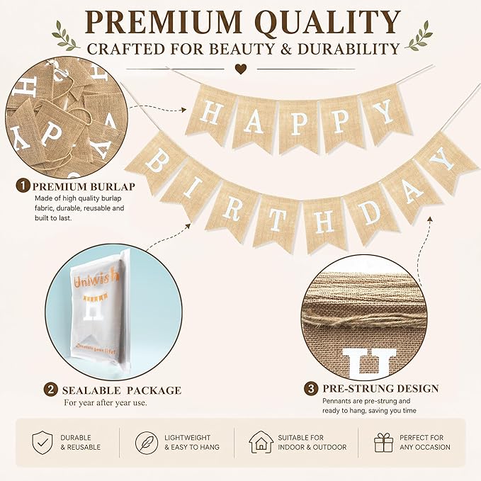 Uniwish Happy Birthday Burlap Banner Neutral Happy Birthday Party Decorations Boho Rustic Bunting Sign Swallowtail Flags, 2 in 1