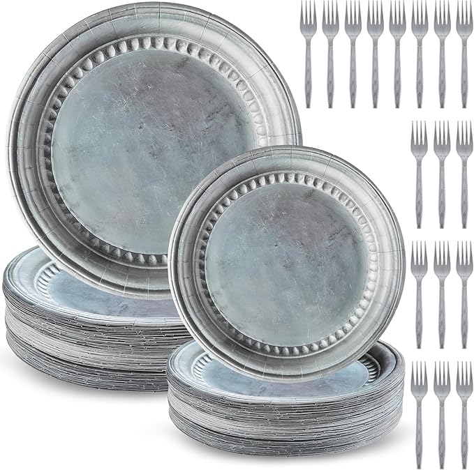 Jingmore 180 Pcs Medieval Party Supplies Disposable Pewter Paper Plates and Forks Tableware Set for Pirate Knight Castle Halloween Decorations Dinner Silver Grey 9" and 7'' Serves 60（Retro Style）