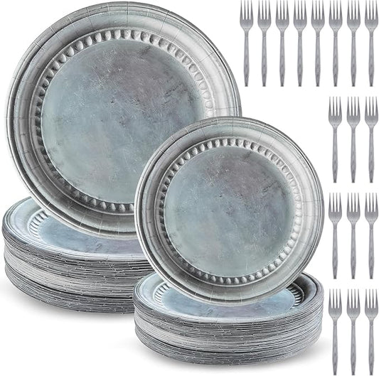Jingmore 180 Pcs Medieval Party Supplies Disposable Pewter Paper Plates and Forks Tableware Set for Pirate Knight Castle Halloween Decorations Dinner Silver Grey 9" and 7'' Serves 60（Retro Style）