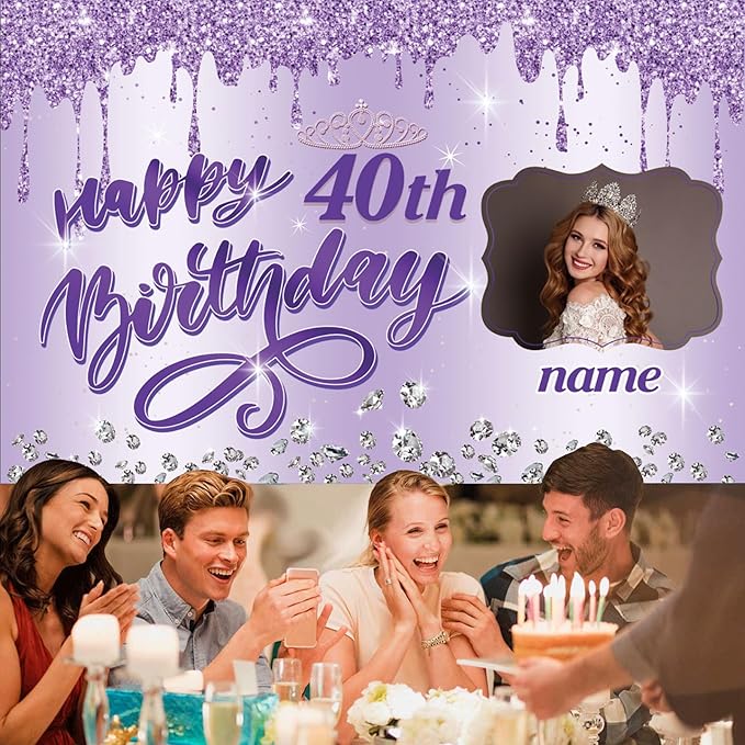 Dicodes Custom Happy Birthday Backdrop for Girls Women, Personalized Rose Gold Birthday Banner Glitter Diamond Photography Background (Purple)