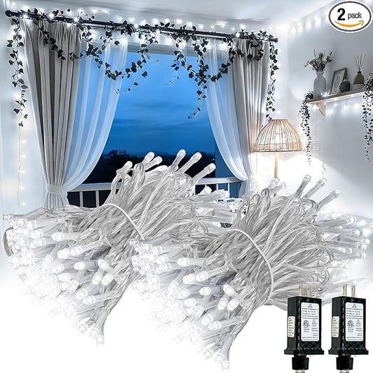 Connectable 2Pack String Lights Indoor, 66FT 200LED String Lights, 13Modes Twinkle Fairy Lights Plug in Outdoor Waterproof, Cool White Clear Wire Light for Christmas Tree, Wedding Yard, Party Decor