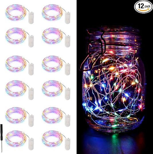 12 Pack Fairy Lights Battery Operated String Lights，7FT 20LED Waterproof Silver Wire Christmas Lights Outdoor,Firefly Mini Lights for Bedroom Party Birthday Wedding Indoor Decorations Home Decor