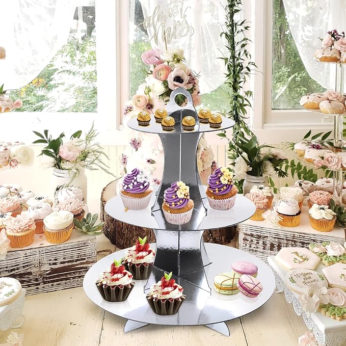 Soleebee 3-Tier Round Cupcake Stand, Cardboard Cupcake Tower, Dessert Cup Cake Stand Tower for Birthday Wedding Party Decoration, Cupcake Tier Stand 2 Set (Silver)