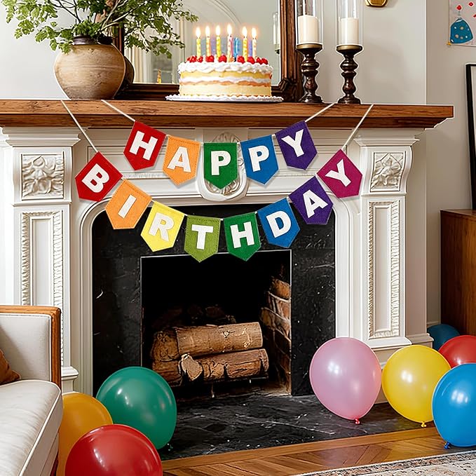 Happy Birthday Banner, Colorful Felt Birthday Garland Party Decorations, Reusable Hanging Banner Decor for Kids Women Birthday Party, Home Office Decoration