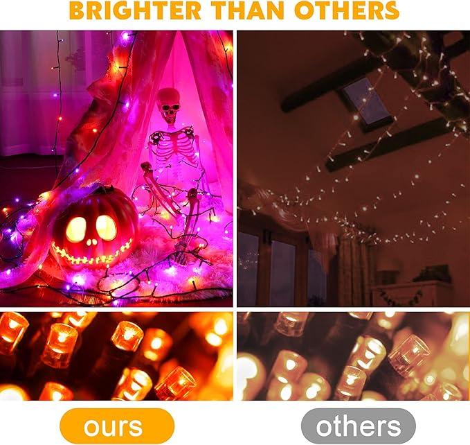 Weillsnow Orange Halloween Lights, 66FT Plug-in Waterproof String Lights, 8 Modes with Memory for Indoor/Outdoor Garden Decorations