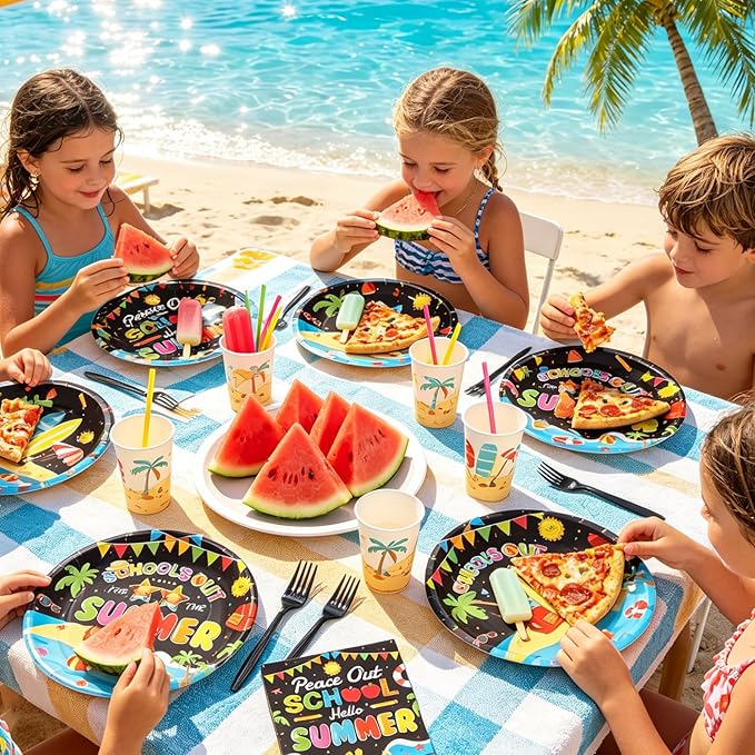 96 Pcs School's Out for The Summer Decorations Peace Out School Hello Summer Plates and Napkins End Of The School Year Tableware Set for Kids Class Of 2026 Preschool Graduation Party Supplies Serve 24