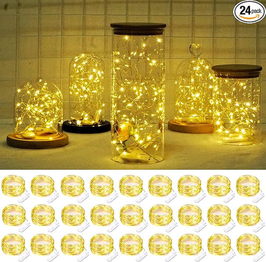 SmilingTown Battery Operated Fairy String Lights 24 Pack 20 LED 7.2ft Starry Firefly Copper Wire for Wedding Party Table Centerpiece Halloween Christmas Decorations (Warm White)