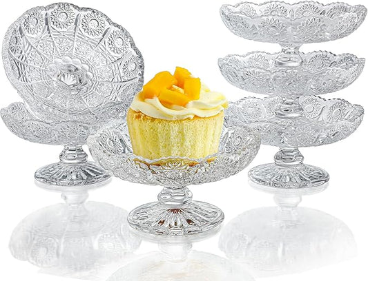 kanpura Set of 6 Glass Cake Plate Dessert Stand,Crystal Cupcake Plate Server for Chocolate, Dessert, Fruit Clear Small Cake Stand for Christmas, Birthday, Baby Shower Party