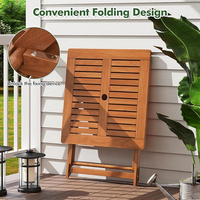 Tangkula 29.5-Inch Square Patio Dining Table, Solid Wood Folding Outdoor Bistro Table with Teak Painting & 2" Umbrella Hole, Outdoor Dining Table for Balcony, Deck, Porch, Backyard