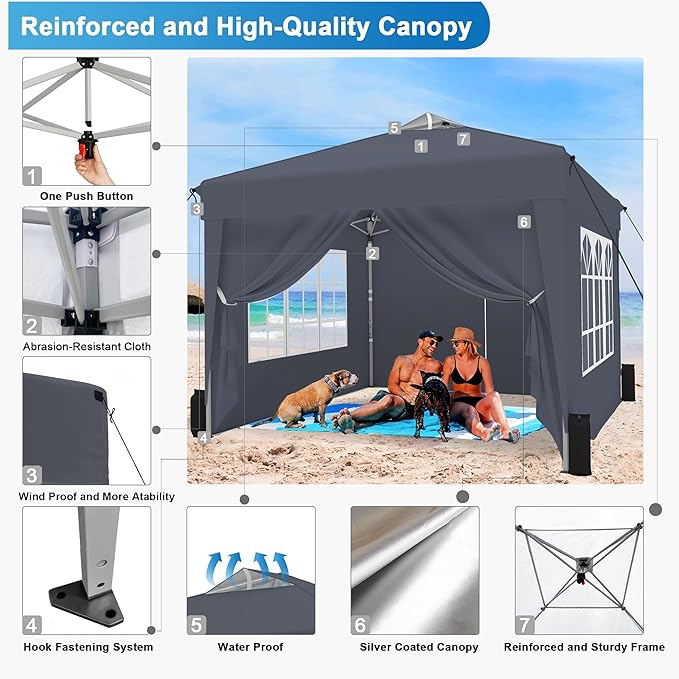 SANWAY 10x10 Pop Up Canopy Tent with Sidewalls x 4 – Easy Setup Canopy Tent, Waterproof, UV-Resistant, Portable with Carry Bag for Outdoor Events, Camping, and Backyard Parties – Dark Gray