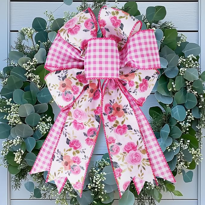 LaRibbons Floral Ribbon Wired 2 Rolls 2.5 Inch x 12 Yards TTL, Flower Pink and White Plaid Spring Summer Ribbon with Rose Printed for Wreath Crafts Wrapping Bow