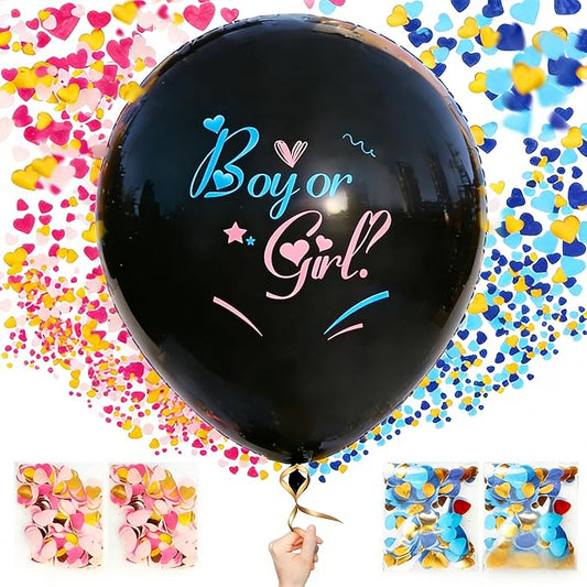 Jumbo 36 Inch Gender Reveal Balloons - 2pcs Big Black Gender Reveal Confetti Balloons with Pink and Blue Heart Shape Confetti for Boy or Girl Baby Shower ideas Decoration