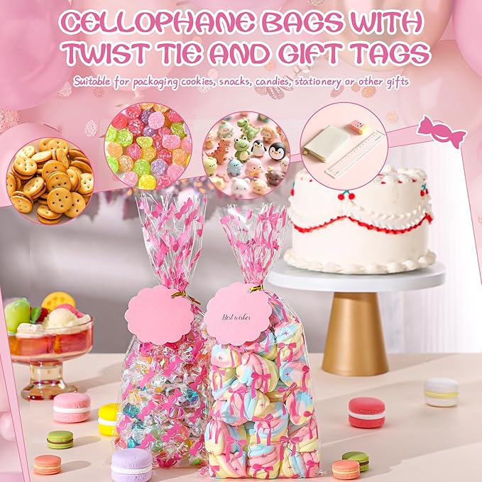 woric 100 Set Pink Cellophane Bags 5 x 10.6 Inch Plastic Mother's Day Treat Bags Gift Candy Bag with 100 Gift Tags and Twist Ties for Pink Bow Birthday Weddings Baby Shower Decorations