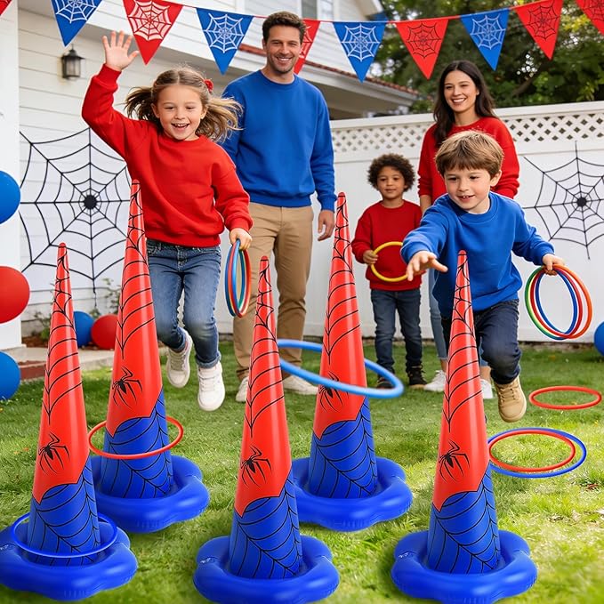 5 Pack Inflatable Spider Web Ring Toss Game - Red and Blue Spider Themed Birthday Party Games with 10 Plastic Rings & Pump, Indoor Outdoor Carnival Toss Toy for Kids Party Favors