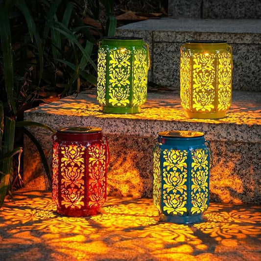 Solar Lanterns Outdoor 4 Pack, Rose Mothers Day Gifts Solar Lanterns IP44 Waterproof Outdoor Lights Garden Decor, 4 Colors LED Hanging Lantern with Handle for Outside Patio Yard Table Fence