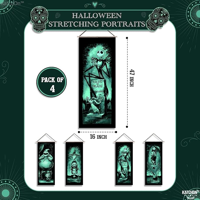 KatchOn Spooky Stretching Portrait - 47x16 Inch, Pack of 4 | Haunted Mansion & Skeleton Banner for Halloween Decorations Indoor, Outdoor | Halloween Wall Decorations