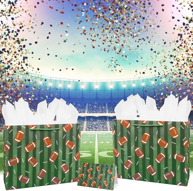 Oletx 13“ Football Party Favor Gift Bags,Football Gift Wrapping Bags with Tissue Paper, Sports Party Birthday Goodie Gifts Treat Bags