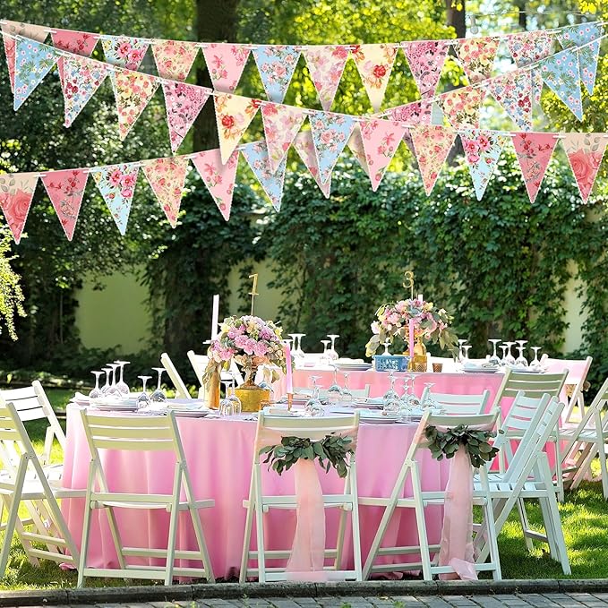 Funtery 5 Pcs Retro Bright Floral Paper Garland Chic Tea Party Decorations Wildflower Garland Floral Triangle Banner for Wedding Birthday Parties Festivals Home Outdoor Hanging Decorations