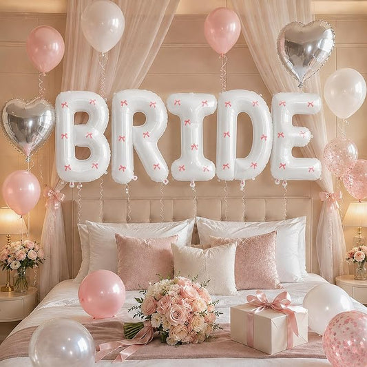 40Inch White BRIDE Balloon + Pink Bows for Bachelorette Party Decorations, Large BRIDE Mylar Foil Letter Balloons, Bride To Be Banner for Bridal Shower Photo Booth Engagement Wedding Hen Party Decor