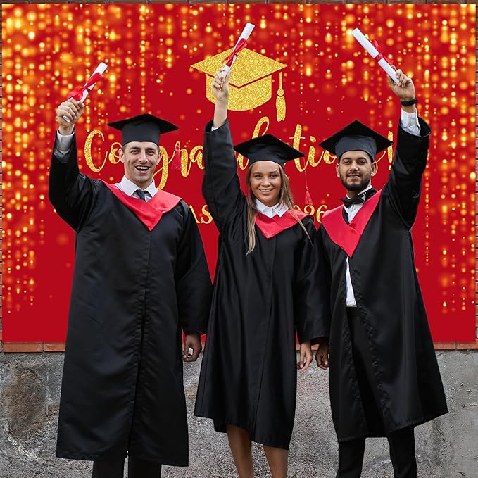 Mocsicka Class of 2026 Backdrop Red Gold Glitter Bokeh Graduation Party Background 2026 Congrats Grad Prom Party Cake Table Decoration Photo Booth Props (7x5ft)