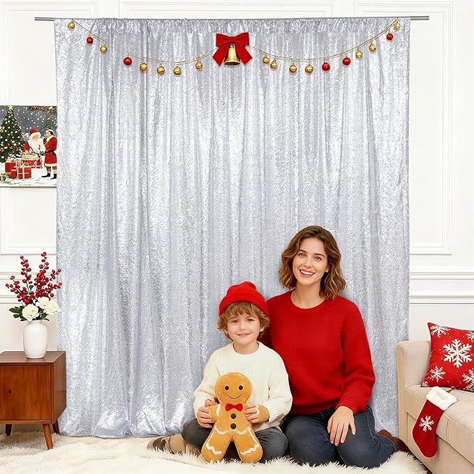 SquarePie 4x7ft Silver Sequin Backdrop for Photography, Satin-Backed Real Sequin Curtain, Enhanced Coverage Shimmering Background with 4" Rod Pocket for Wedding, Birthday, Party Decor, 1 Panel