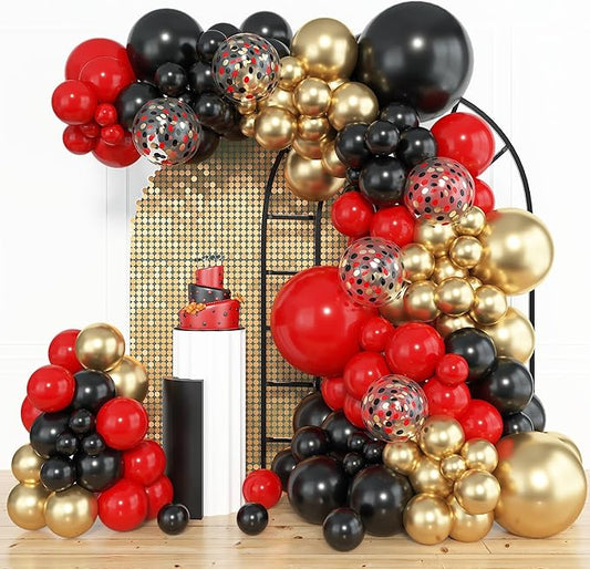 Amandir 153pcs Red Black Gold Balloon Garland Arch Kit, Different Sizes 18 12 10 5 inch Red Black Gold Latex Metallic Confetti Gold Balloons for Graduation Casino Theme Birthday Party Decoration