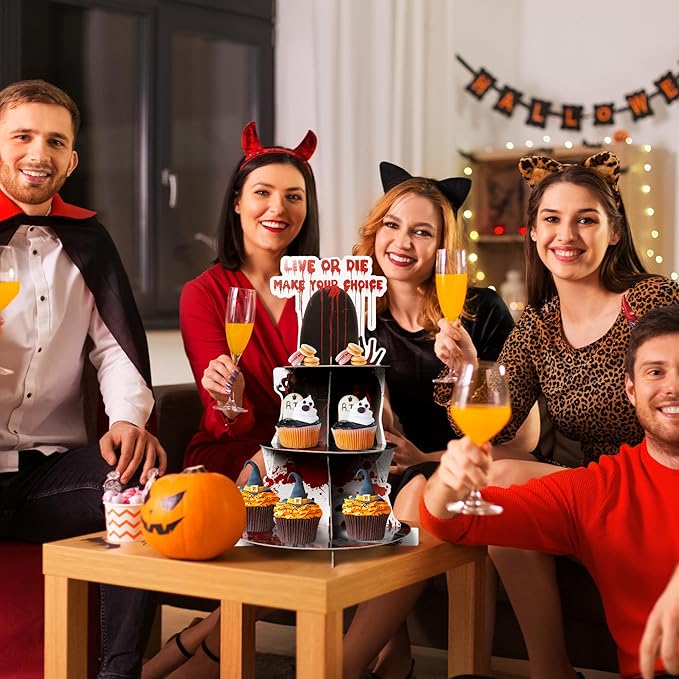 Haooryx Halloween Bloody Cupcake Stand - 3 Tier Scary Bloody Cupcake Tower Cardboard Ghost Palm Print Dessert Holder Pastry Platter for Halloween Theme Party Table Decoration Birthday Party Supplies