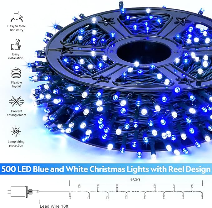 JMEXSUSS 500 LED Blue and White String Lights Outdoor, 173ft 8 Modes LED Christmas Lights Indoor, Waterproof Christmas Twinkle Lights for Tree Holiday Decorations