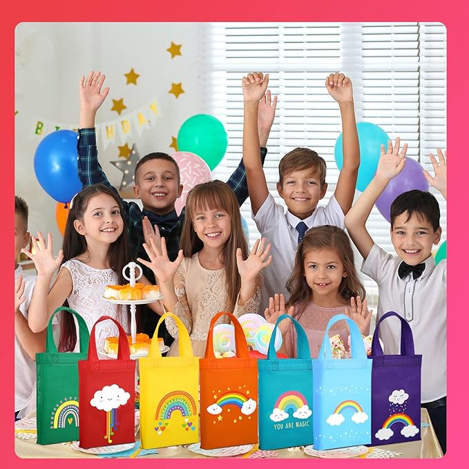 Ferraycle 24 Pcs Rainbow Party Reusable Non Woven Gift Bags Rainbow Goody Treat Bags Mini Tote Bag with Handles Birthday Supplies for Kids Party Favors, 9.8 x 7.8 Inch