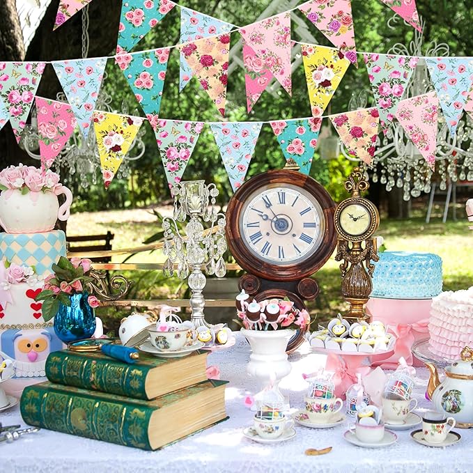 72 Pcs Vintage Floral Paper Bunting Banner Garland Bandana Pennants Outdoor Bunting Banner for Tea Party Decorations Flower Garden Yard Baby Shower Bridal Wedding Party Decorations