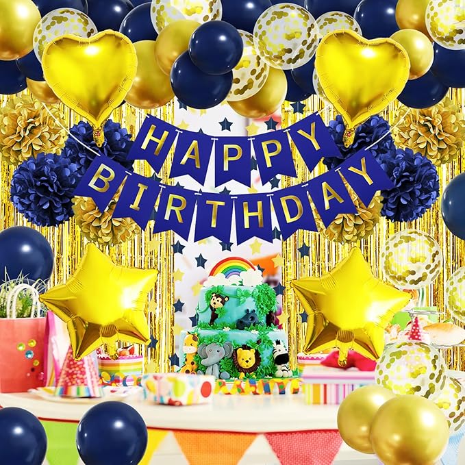 ZERODECO Birthday Party Decorations for Men, Navy Blue Gold Happy Birthday Banner Pompoms Balloon Arch Fringe Curtain Party Décor for Men Boys Women Girls Party Decorations Kit