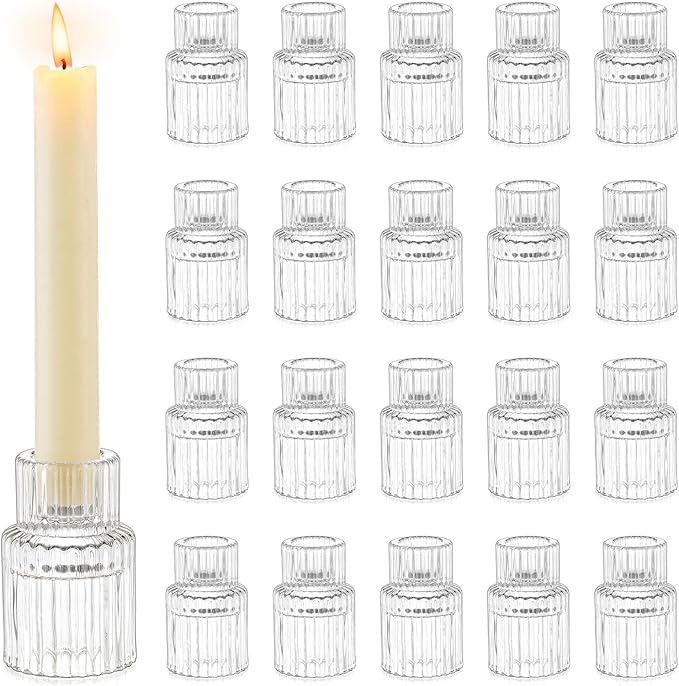 Romadedi Glass Candle Holder for Candlestick - 20 Pcs Clear Small Tapered Candle Holder Wedding Decor Table Centerpiece Bulk for Candle Sticks Christmas Party Living Room Dinner Advent