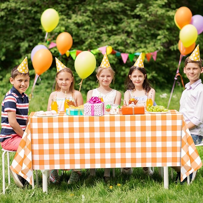 WNINK 6 Pack Orange and White Checkered Rectangular Plastic Tablecloths, Orange Gingham Waterproof Disposable Table Covers 54" x 108" for Birthday, Wedding, Outdoor Picnic Camping Parties