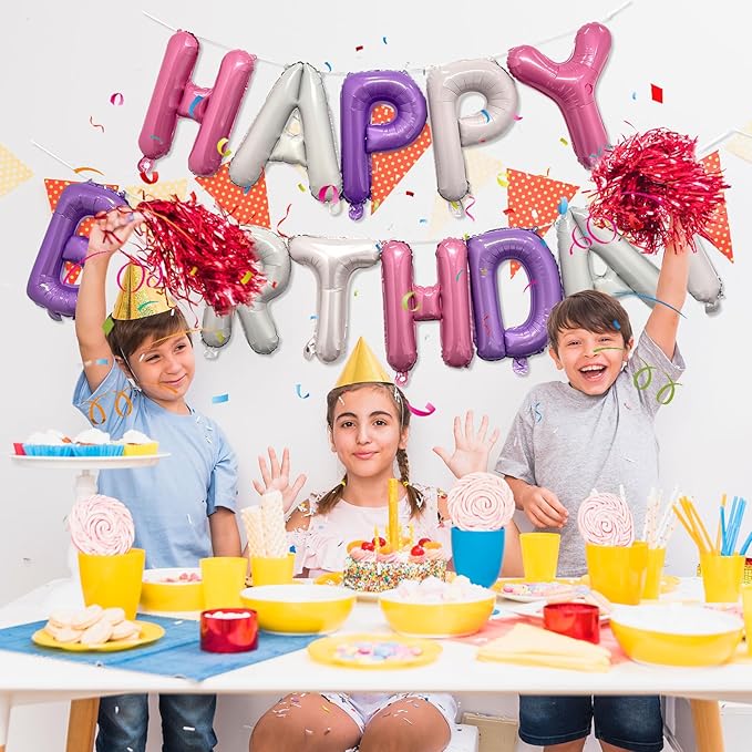 Pink Purple Happy Birthday Balloon Banner Set -16 Inch Foil Letters Balloons, Reusable Birthday Decorations and Party Supplies, Suitable for Men and Women's Birthday Decorations，Party Backdrop