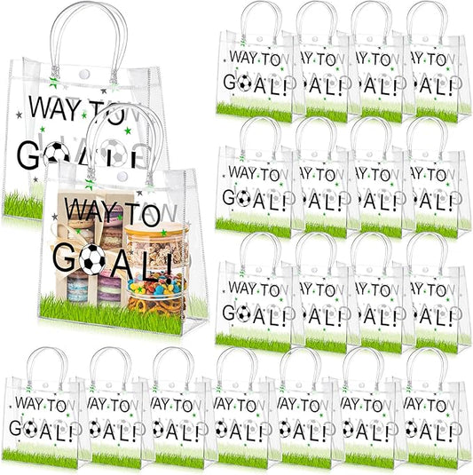 Abbylike 24 Pcs Soccer Clear PVC Gift Bag with Handles Party Favor Bag Candy Gift Treat Bags for Sports Theme Party Decorations Game Celebration Supplies Birthday Decorations