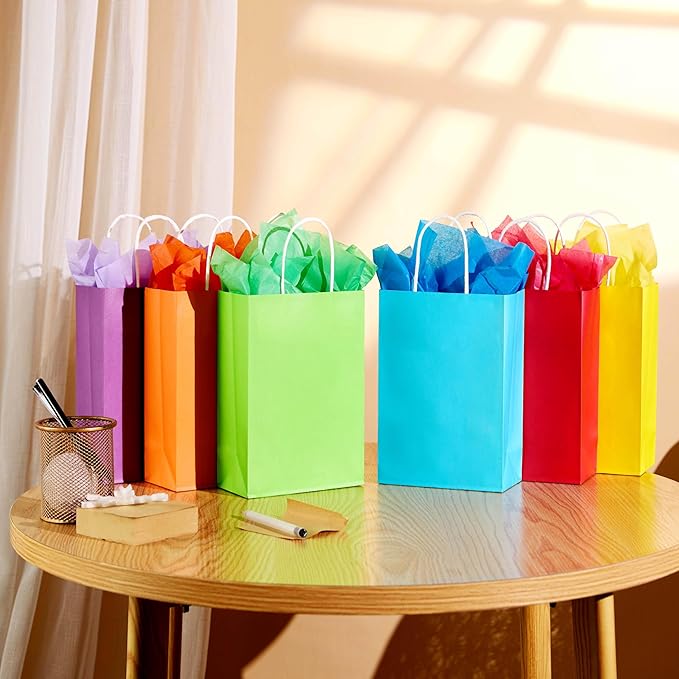 SUNCOLOR Rainbow Gift Bags with Tissue Paper, 24 Pack Small Paper Party Bags, 7.9 x 5.12 x 3.15 Inches, 6 Colors with Handles for Birthday Celebrations, Kids Parties