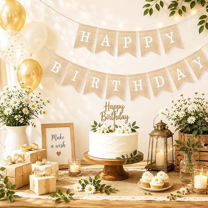 Uniwish Happy Birthday Burlap Banner Neutral Happy Birthday Party Decorations Boho Rustic Bunting Sign Swallowtail Flags, 2 in 1