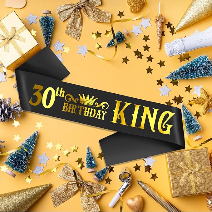 30th Birthday King Sash with Gold Foil - Soft Satin Black 30th Birthday Sash for Men 30th Fabulous Bday Party, Great for Men 30 Bday Gifts Ideas, Large Enough Size (35.4x3.74 inch)