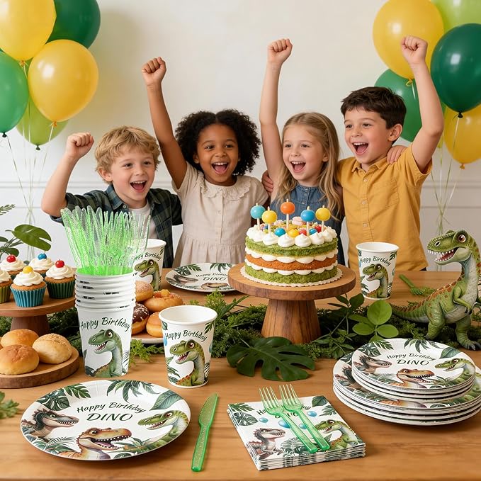 144Pcs Dinosaur Birthday Party Supplies Decorations Dino Themed Paper Plates Napkins Vintage Dinosaur Party Tableware Disposable Dinnerware for Boy Kids Birthday Baby Shower Table Decor, Serve 24