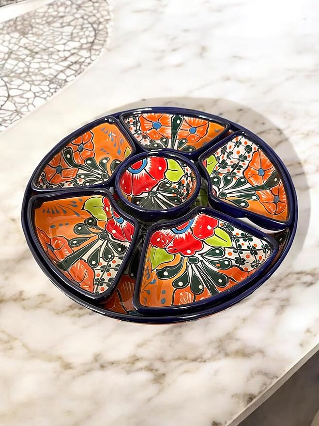 Handmade 7-Piece Talavera Appetizer Tray | Sectional Botanero Party Platter for Dips, Sauces & Charcuterie