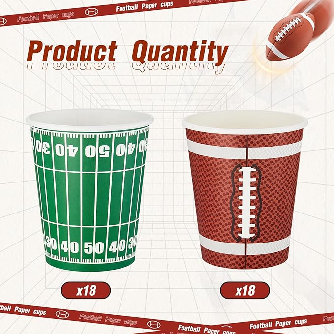 Cunhill 36 Pcs 9 oz Football Party Paper Cups Supplies Disposable Drinking Cups for Birthday Decorations Sport Picnics