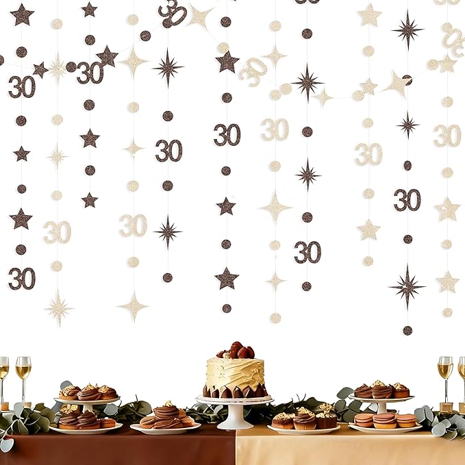 Champagne Gold Brown 30th Birthday Decorations Number 30 Circle Dot Star Garland Streamer Banner Backdrop for Women Men Dirty Thirty Cheers to 30 Years Old Birthday 30th Anniversary Party Supplies