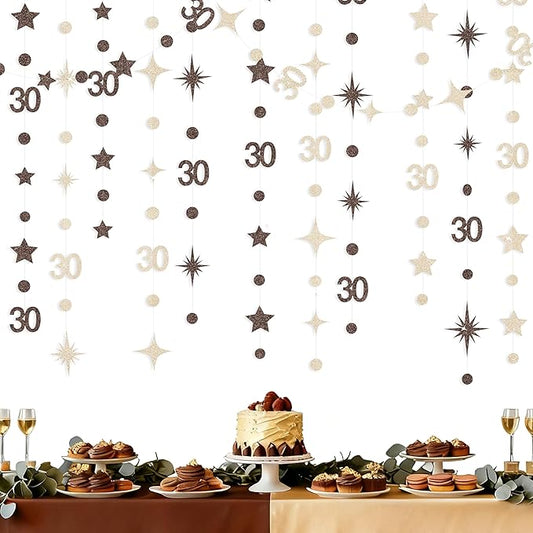 Champagne Gold Brown 30th Birthday Decorations Number 30 Circle Dot Star Garland Streamer Banner Backdrop for Women Men Dirty Thirty Cheers to 30 Years Old Birthday 30th Anniversary Party Supplies