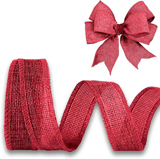 Red Burlap Ribbon 1 inch X 10 Yard Natural Burlap Woven Ribbons DIY Handmade Edging Production Wreath Holiday Decoration Gift Ribbon for Gift Wrapping Jute Linen Red Ribbons