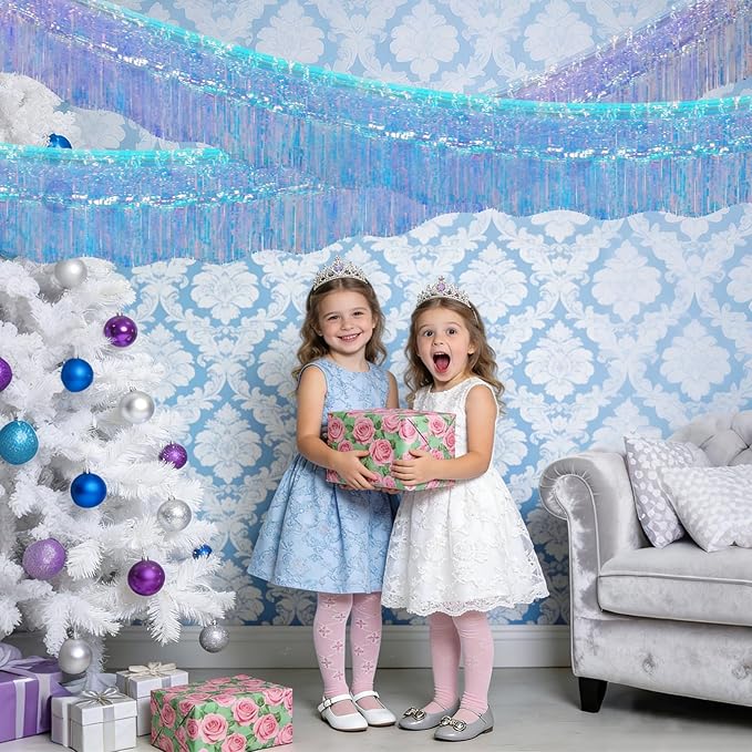 LOLStar 6 Pack Iridescent Blue Tinsel Foil Fringe Garland Birthday Party Decorations, 59Ft Tinsel Streamers Banner, Glitter Photo Booth Prop Table Skirt for Mermaid Frozen Sea Euphoria Party Decor
