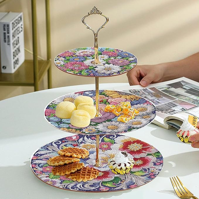 DoxQcs 3 Tier Wooden Diamond Art Painting Cake Cupcake Display Stand Round Cupcake Stand Dessert Tower Pastry Tray Platter for Tea Party Wedding Birthday-Flowers-2