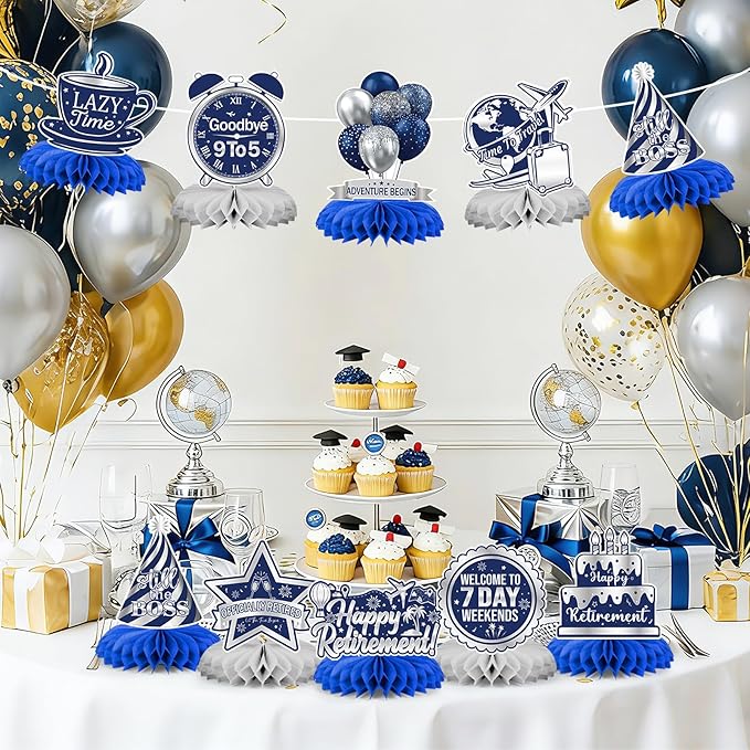 9 Pcs Retirement Party Decorations Honeycomb Centerpieces, Blue Silver Happy Retirement Table Decorations, Funny Officially Retired Table Toppers for Men Women Party Supplies