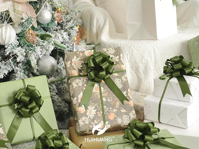HUIHUANG Green Bows for Gift Wrapping 12 PCS Moss Green Pull Bows 4" x 8" Satin Gift Bow for Presents, Gift Basket, Paper Bag, Wrapping Accessories, Baby Shower Favors, Wedding Christmas Decor